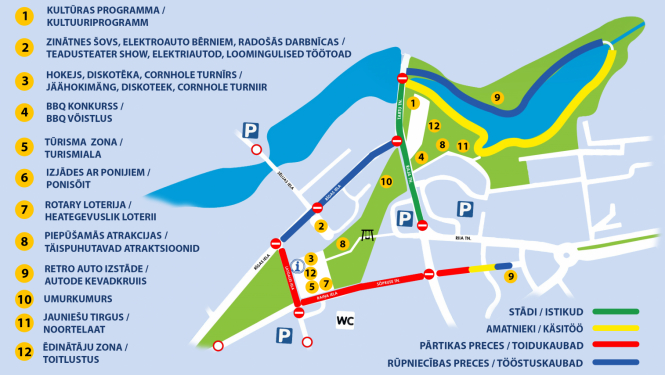 Stilizēta Valkas kartes daļa ar Robežtirgus aktivitātēm un satiksmes ierobežojošajām ceļa zīmēm