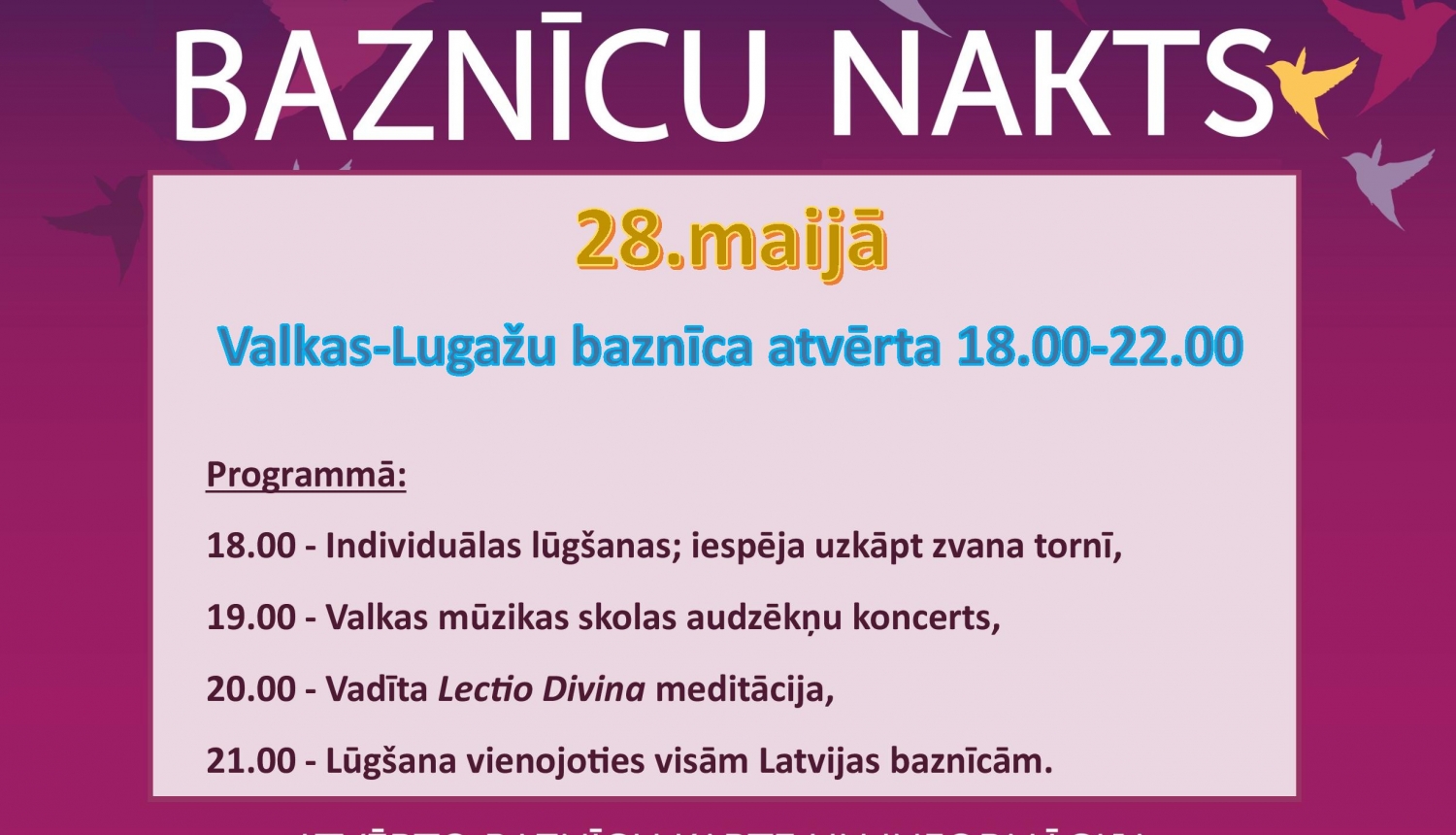 28. maijā Valkas-Lugažu baznīcā notiks Baznīcu nakts