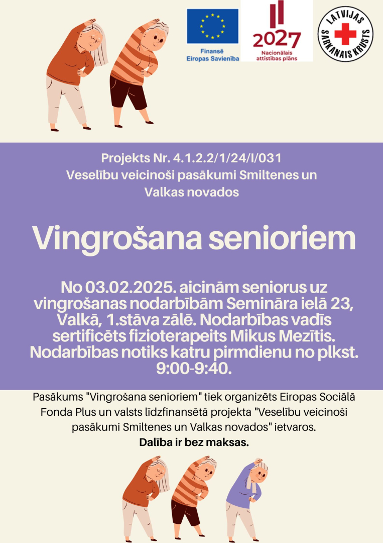 Projekta logo un stilizēti vingrojošu senioru ilustrācijas