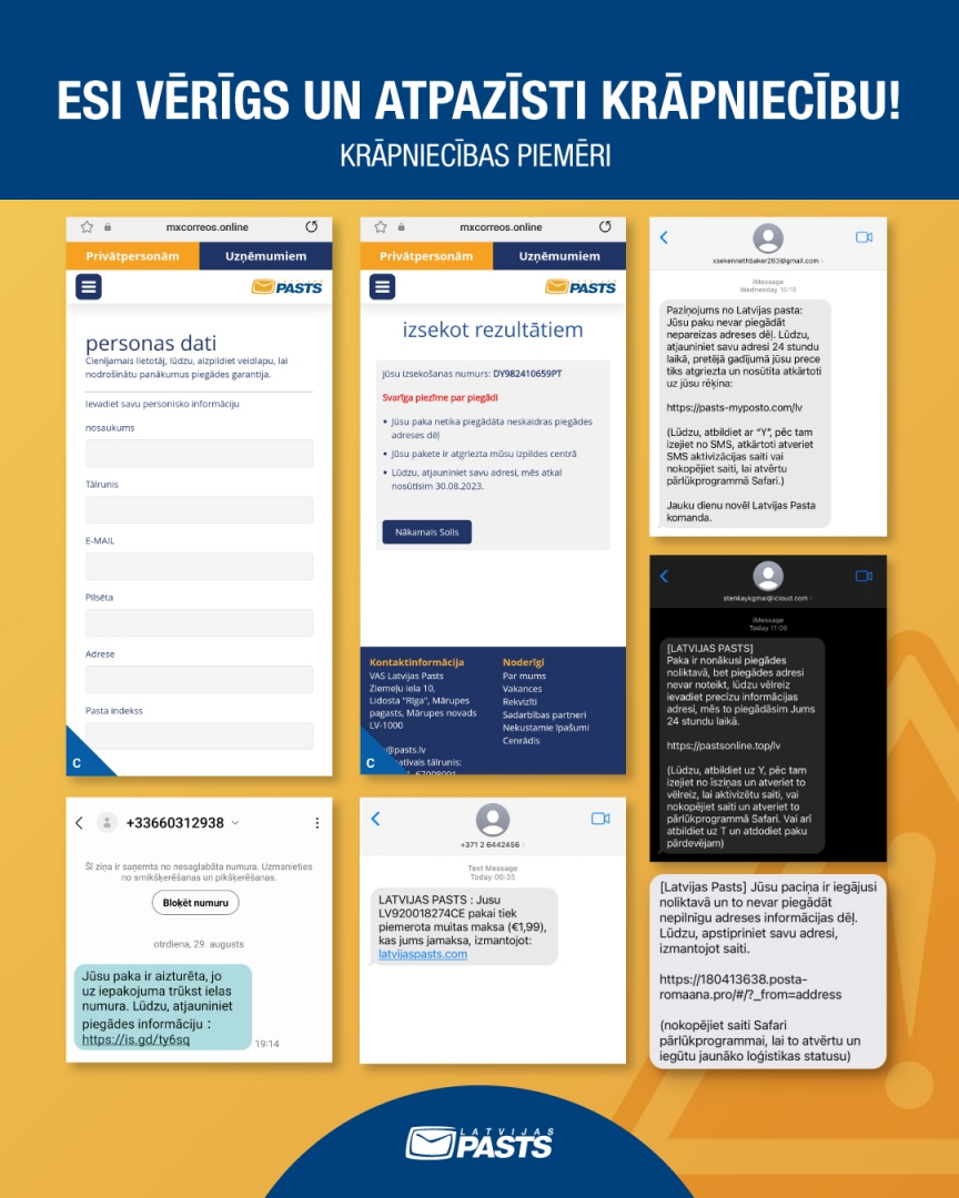 Zila un dzeltena inforgrafika ar krāpniecības piemēriem (SMS, e-pasti)