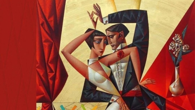 Stilizēts vīrietis dejo ar sievieti