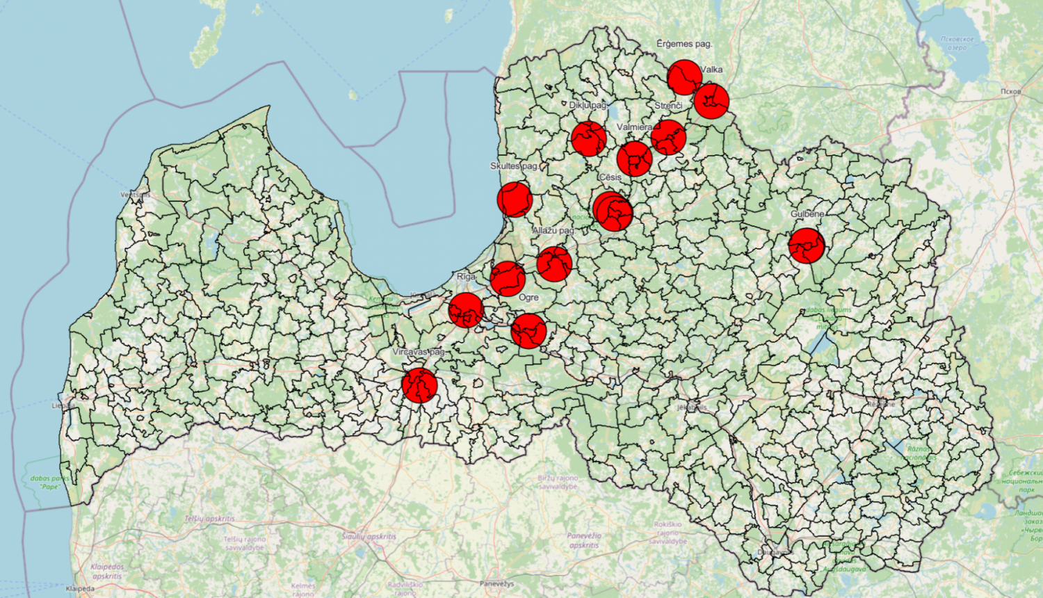 Latvijas karte ar sarkaniem atzīmētiem punktiem